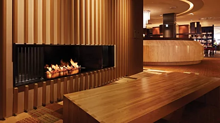 EcoSmart Fire XL900 Ethanol Burner built into Keio Plaza Hotel Sapporo restaurant bar delivers clean-burning ambience for hospitality interiors.