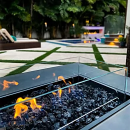 We love using an out door fireplace to really tie